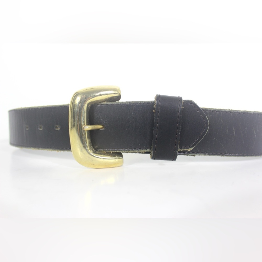 Black Smooth Leather Belt with a Thick Gold Statement Buckle, Distressed Dress